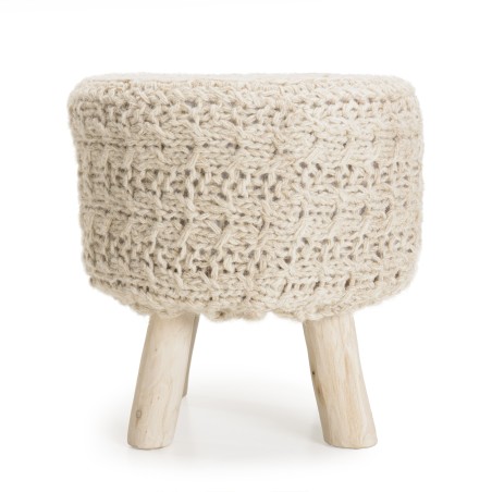 SACHA - Round Bohemian Stool, 40 x 40 cm, Wood and Ivory Wool