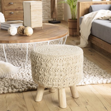SACHA - Round Bohemian Stool, 40 x 40 cm, Wood and Ivory Wool