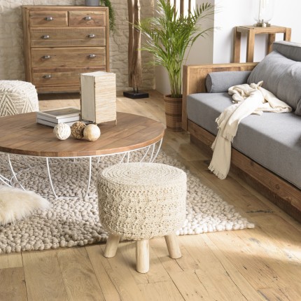 SACHA - Round Bohemian Stool, 40 x 40 cm, Wood and Ivory Wool