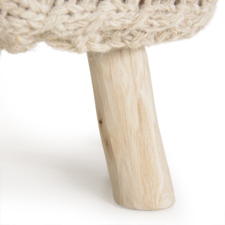 Tabouret bohème SACHA 40x40cm bois et laine ivoire