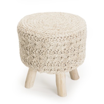 Tabouret bohème SACHA 40x40cm bois et laine ivoire