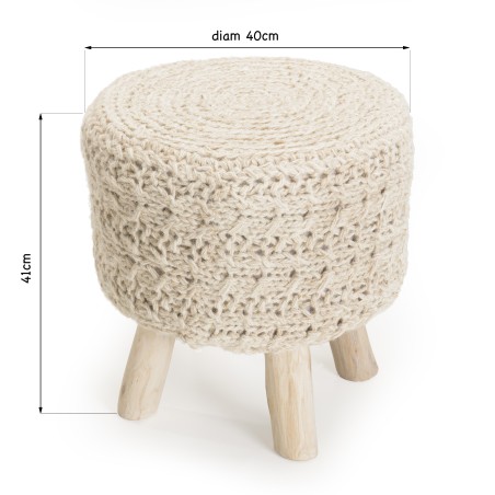 Tabouret bohème SACHA 40x40cm bois et laine ivoire