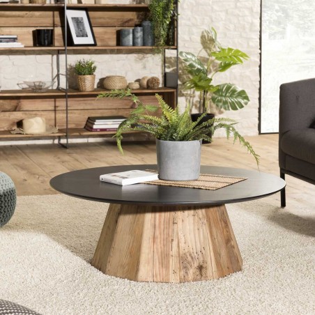 DANDY Round Coffee Table 90x90cm - Recycled Pine with Black Top