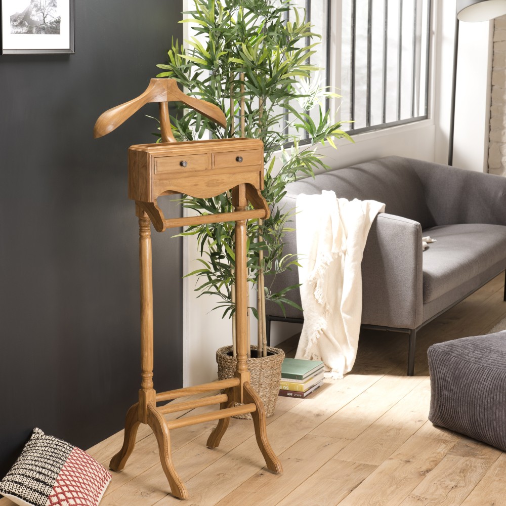 Brown Teak Wood Valet Stand - Bedroom Clothes Organizer Brown Teak Wood Valet Stand - Bedroom Clothes Organizer