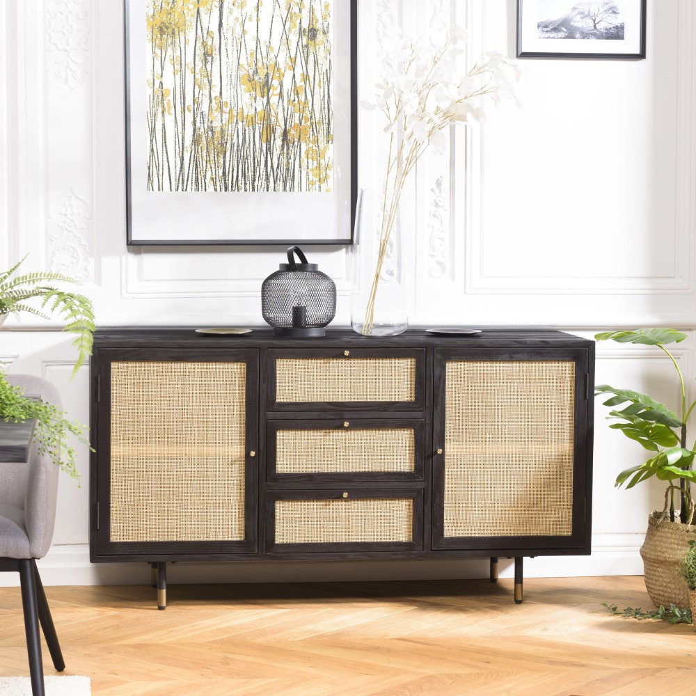 YANIS Black Pine Sideboard with 3 Drawers and 2 Cane Doors YANIS Black Pine Sideboard with 3 Drawers and 2 Cane Doors