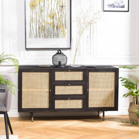 Buffet YANIS - Bois Pin Noir 3 Tiroirs 2 Portes Cannage