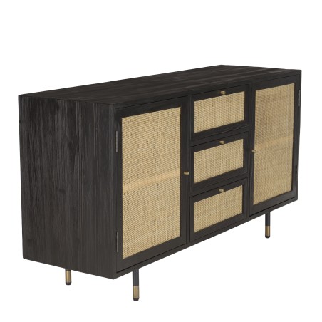 Buffet YANIS - Bois Pin Noir 3 Tiroirs 2 Portes Cannage