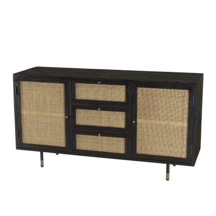 Buffet YANIS - Bois Pin Noir 3 Tiroirs 2 Portes Cannage