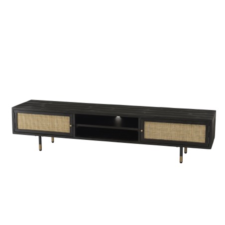 YANIS - Black Pinewood TV Stand with 2 Niches 2 Doors Cane