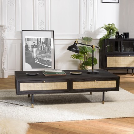 Table basse YANIS - Bois Pin noir 4 tiroirs cannage