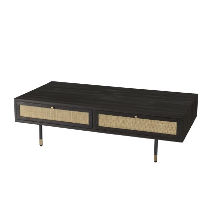 Table basse YANIS - Bois Pin noir 4 tiroirs cannage