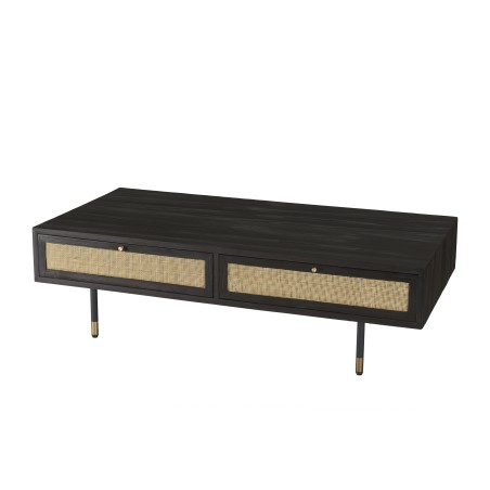 Table basse YANIS - Bois Pin noir 4 tiroirs cannage