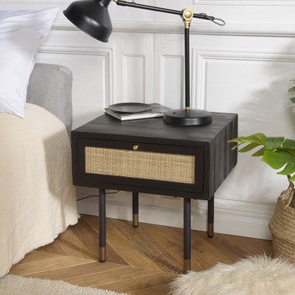 Chevet YANIS - Bois Pin Noir 1 tiroir cannage