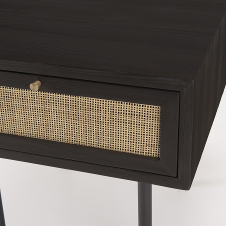 YANIS Black Pine Bedside Table with 1 Drawer and Cane Top