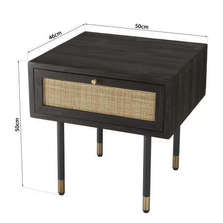 YANIS Black Pine Bedside Table with 1 Drawer and Cane Top