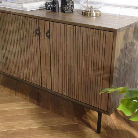 GINO Brown Buffet 3 Doors Acacia Black Metal Legs