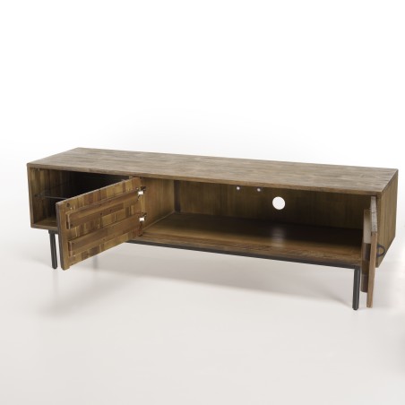 GINO Brown TV Stand 2 Doors 1 Shelf Acacia Black Metal Legs