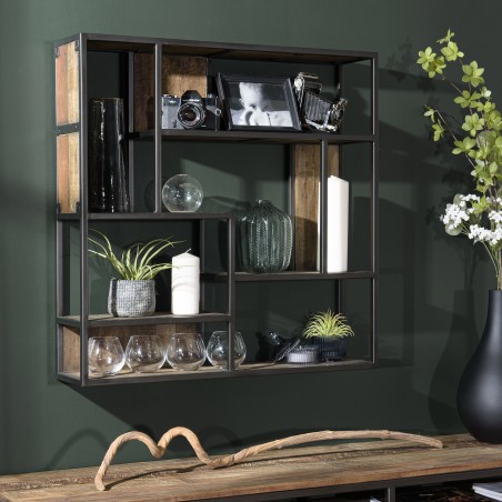 SIXTINE Square Brown Wall Shelf 80x80cm - Mahogany Wood Black Metal