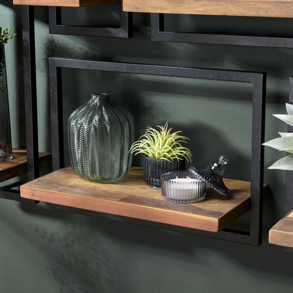 SIXTINE Wall Shelf 'M' 1 Recycled Brown Teak Shelf with Black Metal Frame SIXTINE Wall Shelf 'M' 1 Recycled Brown Teak Shelf with Black Metal Frame