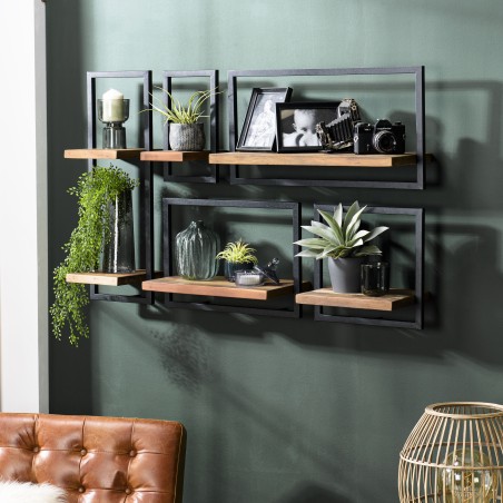 SIXTINE Wall Shelf 'M' 1 Recycled Brown Teak Shelf with Black Metal Frame