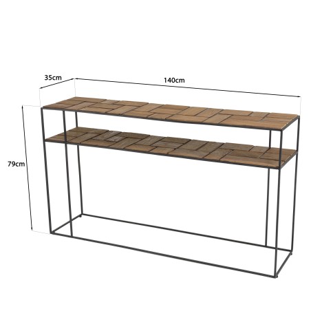 SIXTINE Rectangular Console Table with 2 Light Teak Trays and Black Metal