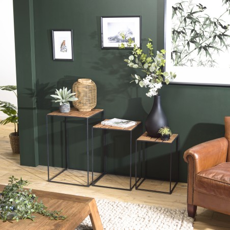 SIXTINE - Set of 3 Nesting Side Tables with Recycled Teak Trays