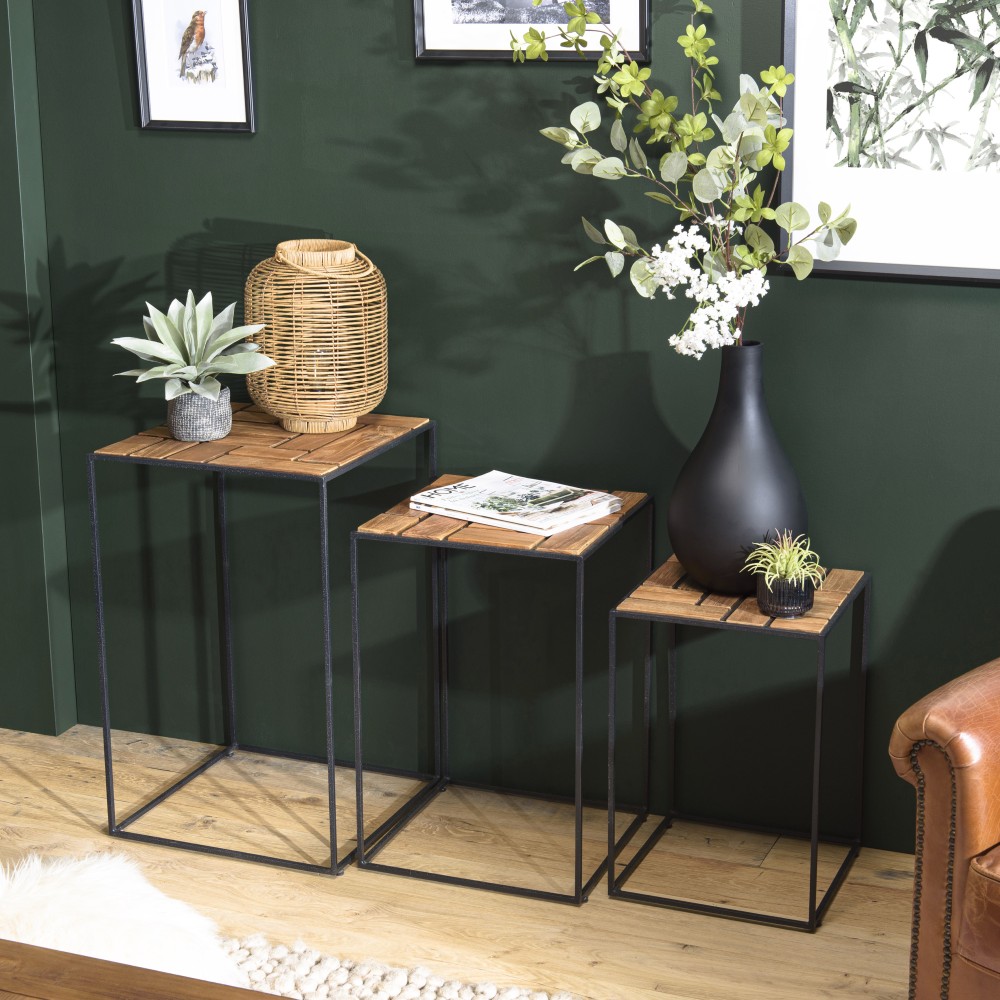 SIXTINE - Set of 3 Nesting Side Tables with Recycled Teak Trays SIXTINE - Set of 3 Nesting Side Tables with Recycled Teak Trays