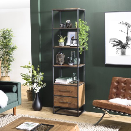 SIXTINE High Brown Bookcase 2 Drawers 4 Shelves Recycled Teak Wood