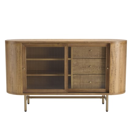 YSEULT Natural Wood Buffet with Glass Sliding Doors and 3 Drawers