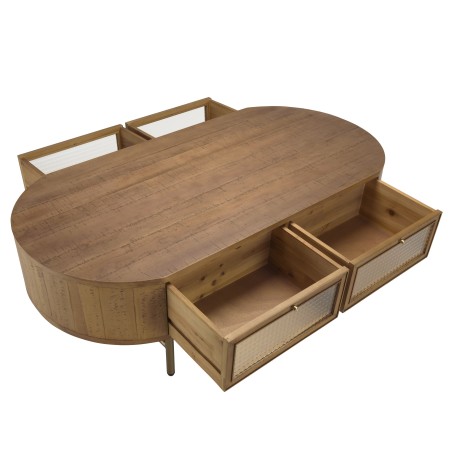 YSEULT - Oval Natural Wood Coffee Table with 4 Glass Drawers