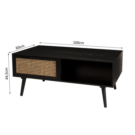 Table basse noire bois ANGELO - 2 tiroirs et 1 niche en cannage