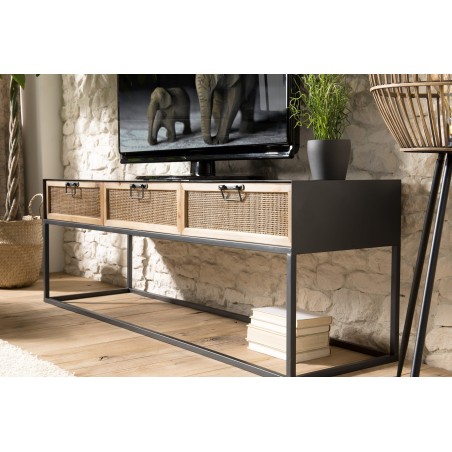 DORIA Black Metal TV Stand with 3 Natural Cane Drawers