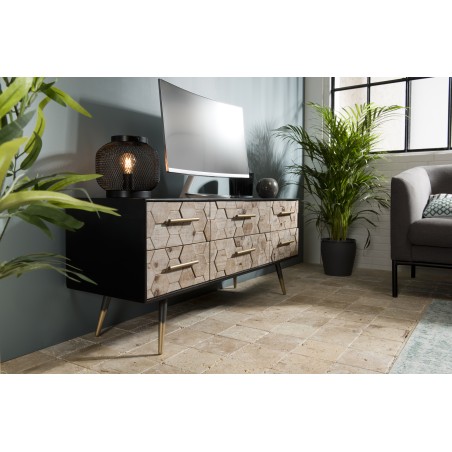 Meuble TV DORRIE noir 6 tiroirs scandi bois Sapin marqueté