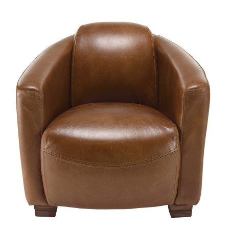 OCTAVE CHICAGO Vintage Brown Leather Armchair - Wooden Legs