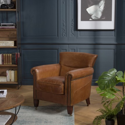 Fauteuil VERONE en cuir marron vintage - OCTAVE