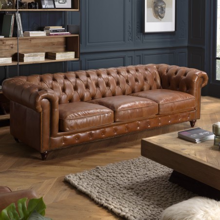 Canapé marron CHESTERFIELD capitonné vintage 3 places - OCTAVE