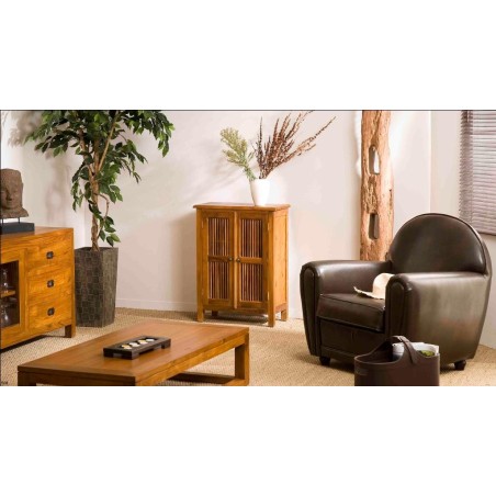 API - Meuble marron 2 portes persiennes bois Teck