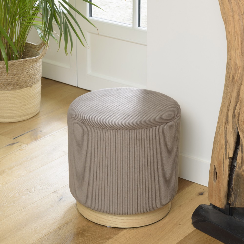 AGATHE Round Stool 40x40cm Brown Corduroy with Wooden Base
