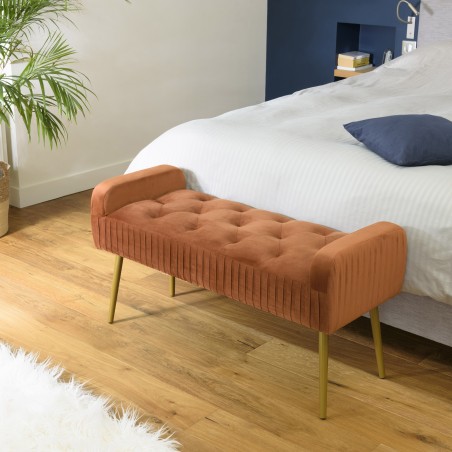 Banc de lit en velours AGATHE - Orange et métal doré