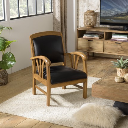 Fauteuil teck et cuir noir WALLY - Style colonial pour votre intérieur