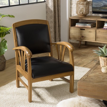 Teak and Black Leather Armchair DAK
