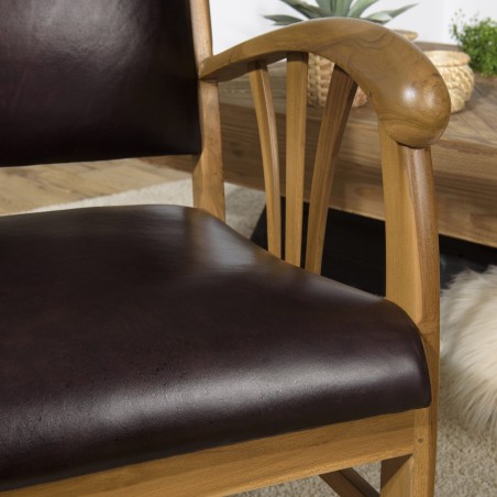 Teak and Brown Leather Armchair DAK
