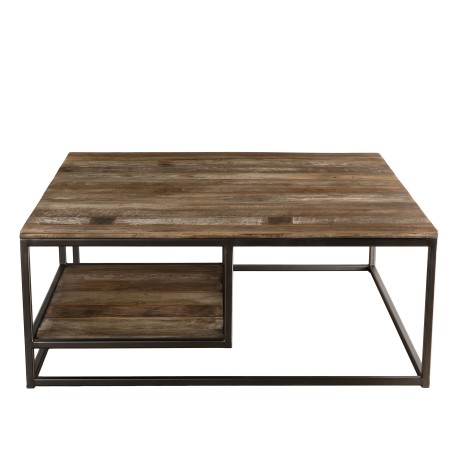 SIXTINE Square Coffee Table with Shelves 100x100cm - Recycled Teak, Acacia Mahogany, Black Metal