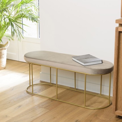 Banc velours gris taupe AGATHE - Pieds métal doré
