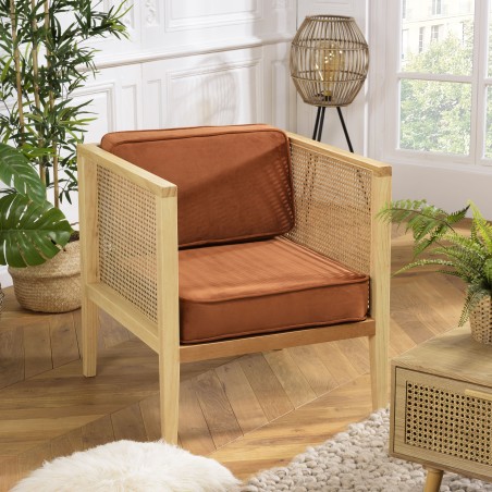 Fauteuil AGATHE - Rotin et velours orange