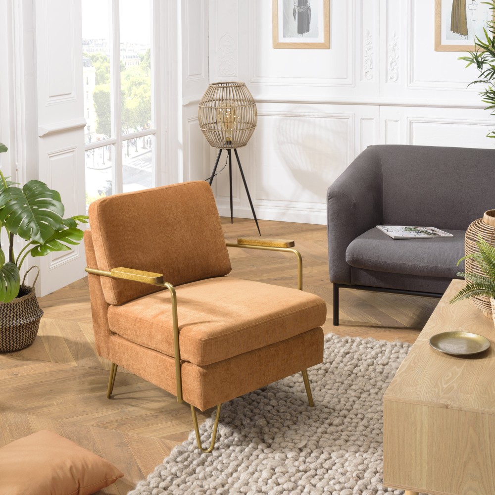 AGATHE Orange Fabric Lounge Chair with Gold Metal and Wooden Armrests AGATHE Orange Fabric Lounge Chair with Gold Metal and Wooden Armrests
