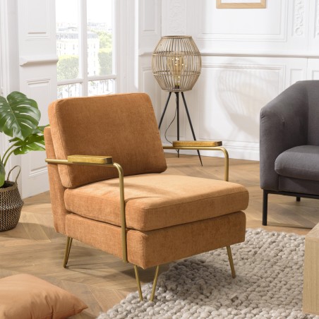 Fauteuil lounge AGATHE - Tissu orange métal doré