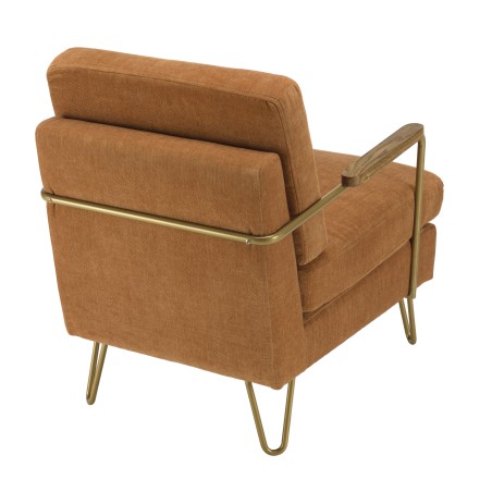 AGATHE Orange Fabric Lounge Chair with Gold Metal and Wooden Armrests