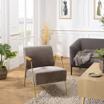 Fauteuil lounge AGATHE - Tissu taupe métal doré