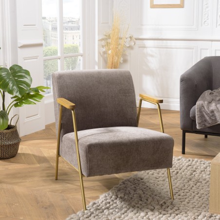 Fauteuil lounge AGATHE - Tissu taupe métal doré